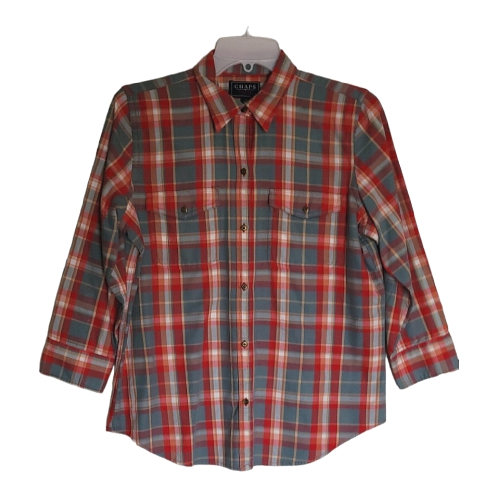 Vintage Ralph Lauren CHAPS DENIM Womens Red Plaid Size L Cotton Button U…